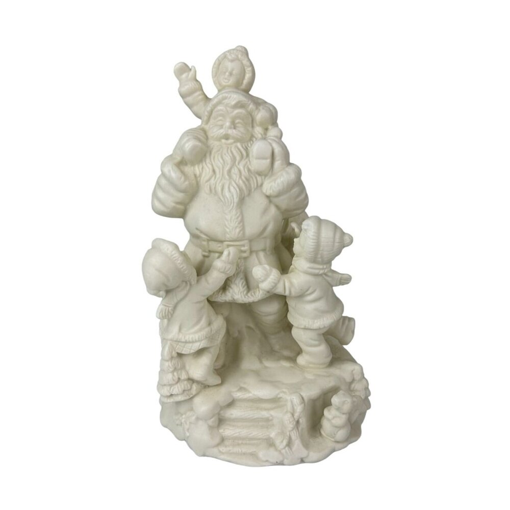 Vintage White Bisque Santa with Children Musical Figure Here Comes Santa Claus